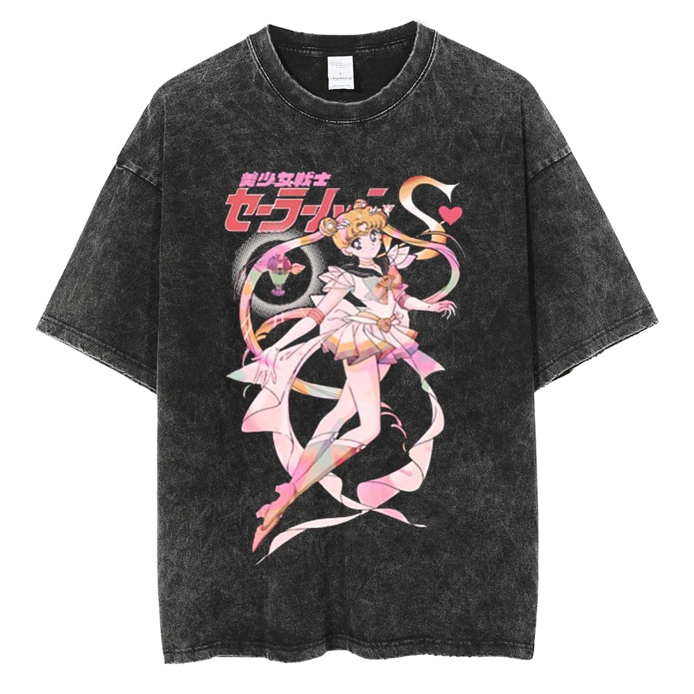 Men Hip Hop Streetwear Black T-Shirt Japanese Anime Sailor Moon Vintage T Shirt Summer Harajuku Cotton Tshirt Short Sleeve Tops, everythinganimee