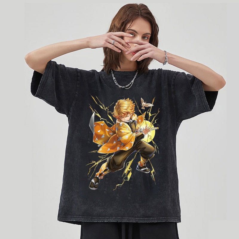 Zenitsu Vintage Acid Wash Demon Slayer Tees