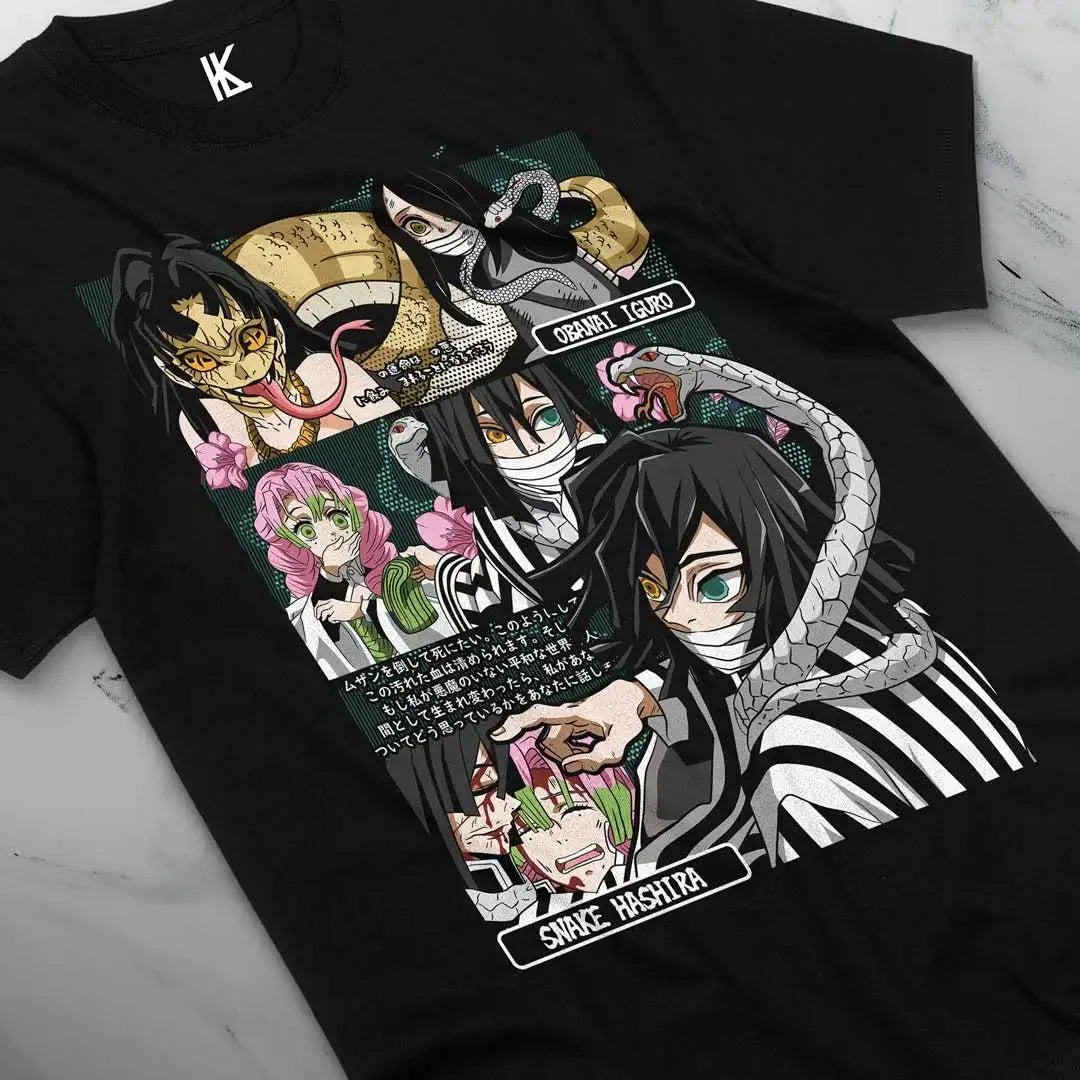 Here at Everythinganimee we have the best anime shirts in the world.
Embrace the mystique of Demon Slayer with this striking Obanai Iguro Tee, showcasing the Snake Hashira in a unique and captivating design. The intricate artwork features Obanai with vivid detail.