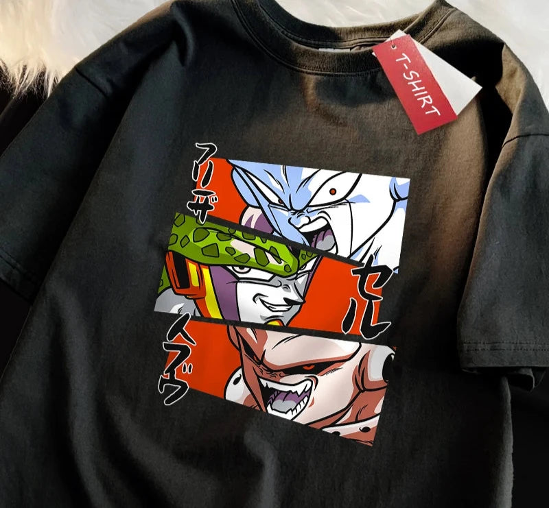 Here at Everythinganimee we only have the best shirts in the world! Step into the world of Dragon Ball Z with the Villains Tee, featuring the fearsome trio of iconic antagonists: Frieza, Cell, and Majin Buu. This design captures the intense expressions and power of each villain, bringing their menacing presence to life in vibrant colors.