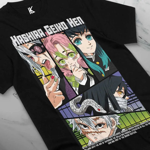 Here at Everythinganimee we have the best anime shirts in the world.
Celebrate the might of the Hashira with this epic Demon Slayer tee. Featuring a collage of the formidable Hashira warriors, this shirt captures the personalities and fierce determination of the demon-hunting elite.