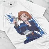 Here at Everythinganimee we have the best anime shirts in the world.
Showcase your love for Jujutsu Kaisen with this dynamic Nobara tee. Featuring Nobara Kugisaki in a confident pose with her signature tool, this shirt captures her fierce and playful spirit.