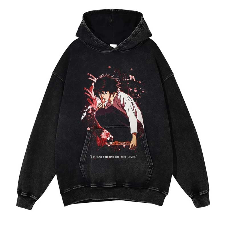 Death Note Washed Black Streetwear Cotton Vintage Hoodie