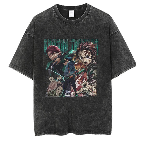 Demon Slayer T Shirt 100%Cotton Anime Kimetsu No Yaiba Washed Tshirt Men Women Vintage Black Tops Summer Manga Casual Tees, everythinganimee