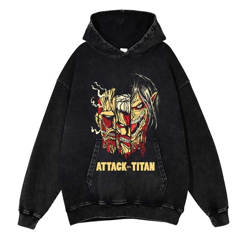 Attack on Titan Washed Black Streetwear Cotton Vintage Hoodie