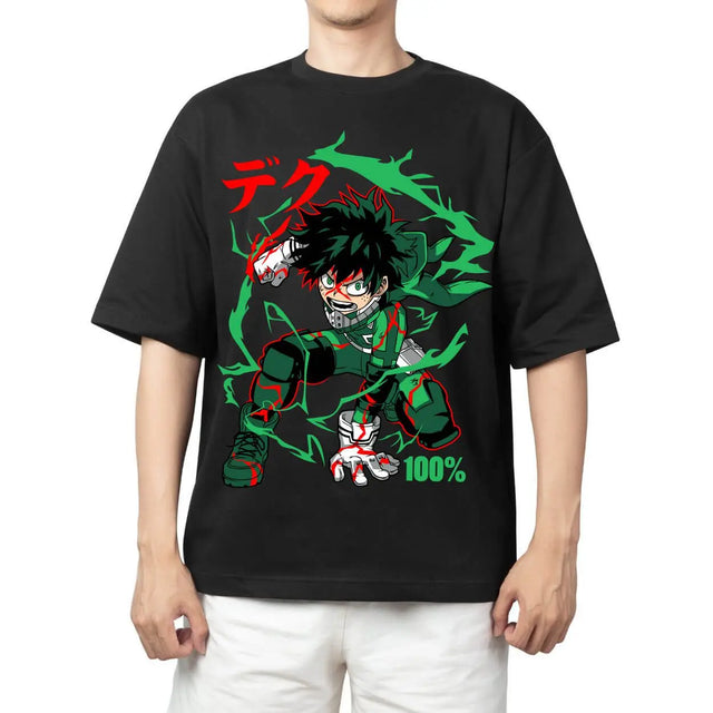 Here at Everythinganimee we have the best anime shirts in the world.
Unleash your inner hero with this dynamic Deku 100% tee from Hero Academy. Featuring Deku in a powerful action pose, this shirt brings out his relentless drive to give it all in every fight.