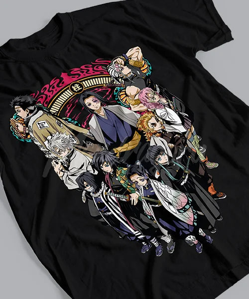 Here at Everythinganimee we have the best anime shirts in the world.
Join the ranks of the Hashira with this incredible Demon Slayer tee. Showcasing the powerful group of Pillars in stunning detail, this shirt is perfect for any fan looking to represent their favorite warriors in style.