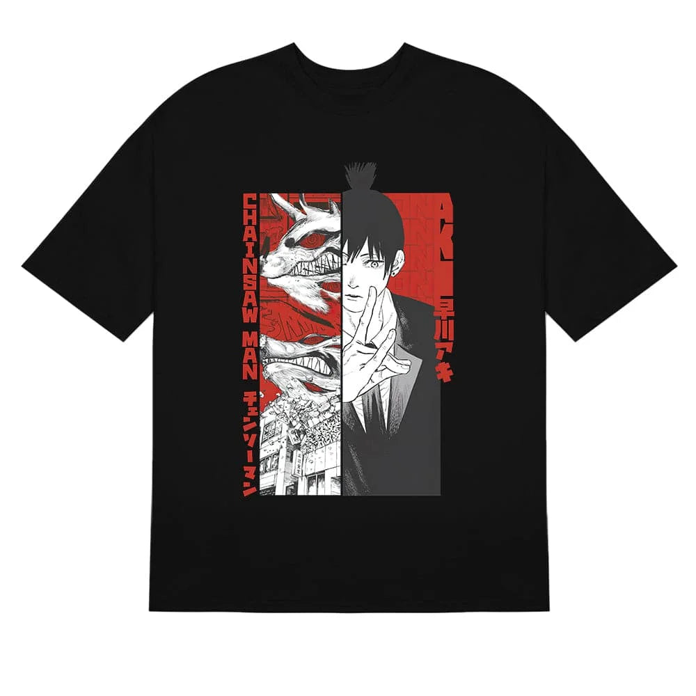 Here at Everythinganimee we have the best anime shirts in the world.
Dive into the world of Chainsaw Man with this intense Aki Split tee, featuring the iconic character Aki in a dynamic split design. With his serious expression and devilish imagery.