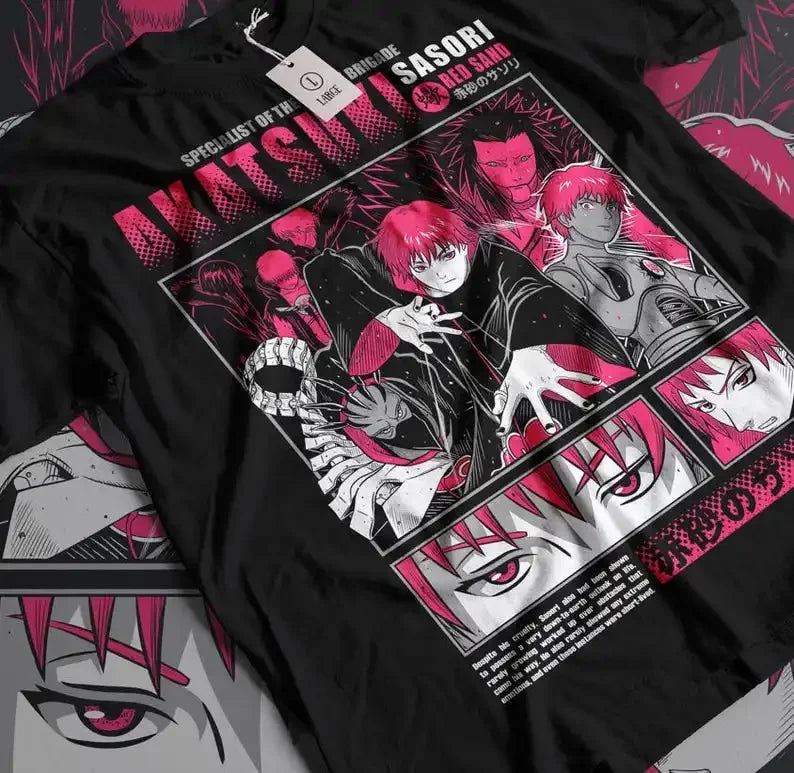 Here at Everythinganimee we have the best anime shirts in the world.
Embrace the dark allure of the Akatsuki with this Sasori Red Sand Tee, spotlighting the skilled puppet master and his deadly artistry. The dynamic design features Sasori in various intense poses.