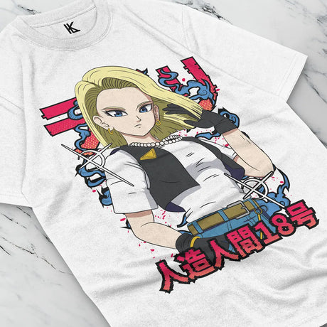 Here at Everythinganimee we have the best anime shirts in the world.
Show your love for Dragon Ball with this bold Android 18 shirt, featuring the iconic fighter in her powerful stance. The striking design brings out her strength and style, making it a must-have for any fan.