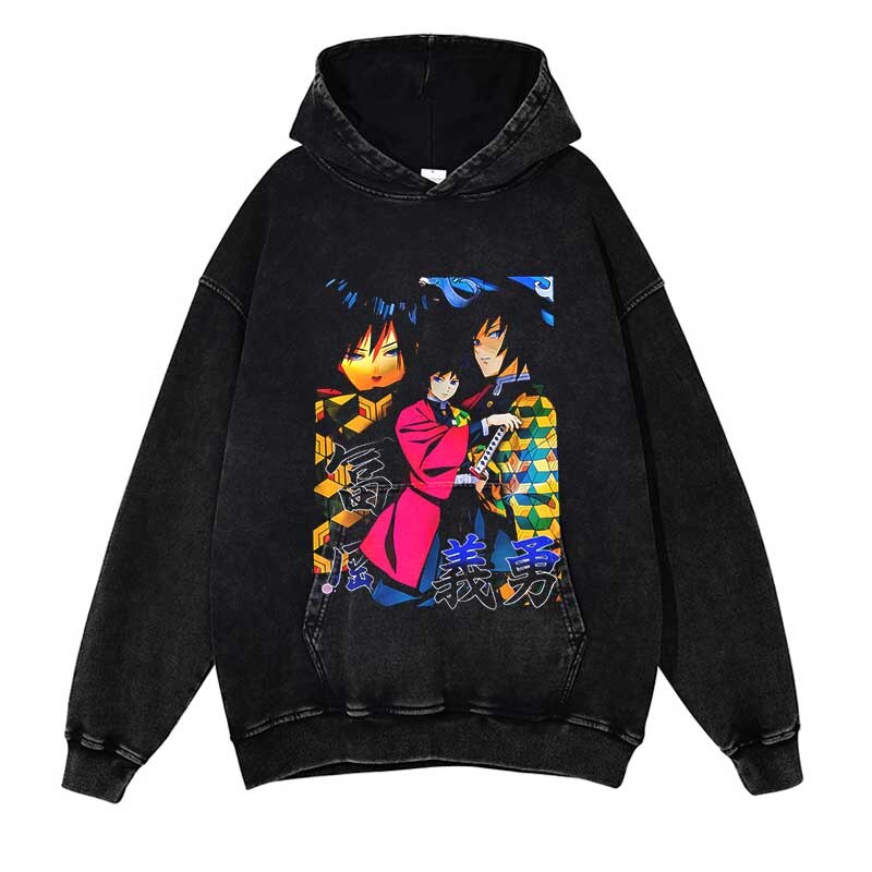 Demon Slayer Washed Black Streetwear Cotton Vintage Hoodie