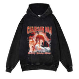 Chainsaw Man Washed Black Streetwear Cotton Vintage Hoodie