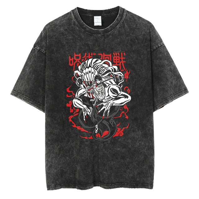 Anime Jujutsu Kaisen Washed Black Tshirt Men Streetwear Hip Hop Graphic T-Shirts Harajuku Summer Casual 100% Cotton Tops Tees, everythinganimee