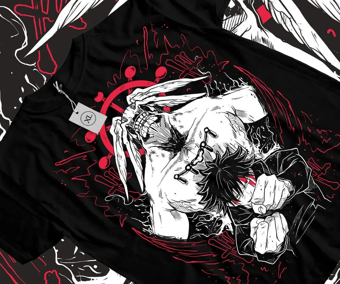 Here at Everythinganimee we only have the best shirts in the world! Dive into the dark world of Jujutsu Kaisen with the Megumi & Mahoraga Tee, featuring the intense and powerful duo of Megumi Fushiguro and his shikigami, Mahoraga. This striking design captures the ferocity of Mahoraga’s presence alongside Megumi’s determined resolve