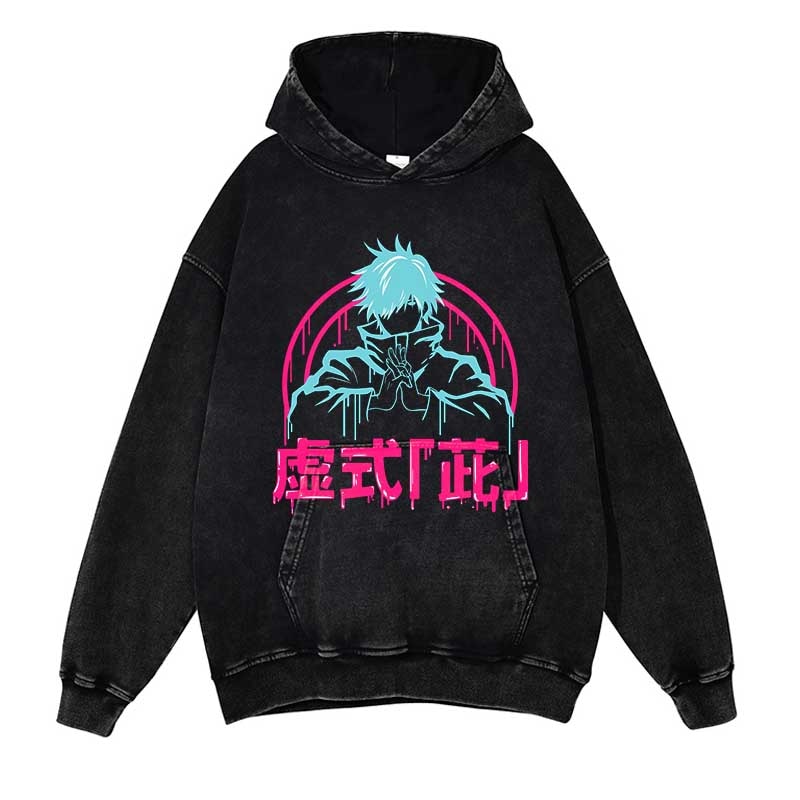 Jujutsu Kaisen Washed Black Streetwear Cotton Vintage Hoodie