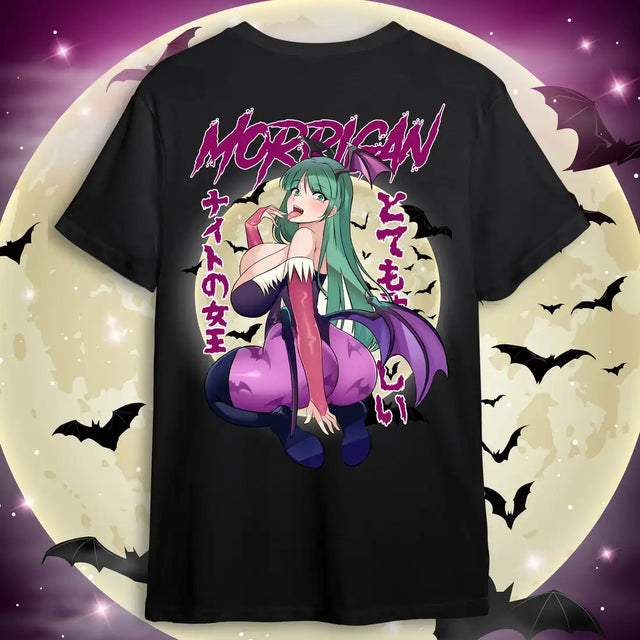 Here at Everythinganimee we have the best anime shirts in the world. 
Embrace the seductive power of Morrigan Aensland with the Morrigan Queen of the Night Tee, inspired by Darkstalkers.