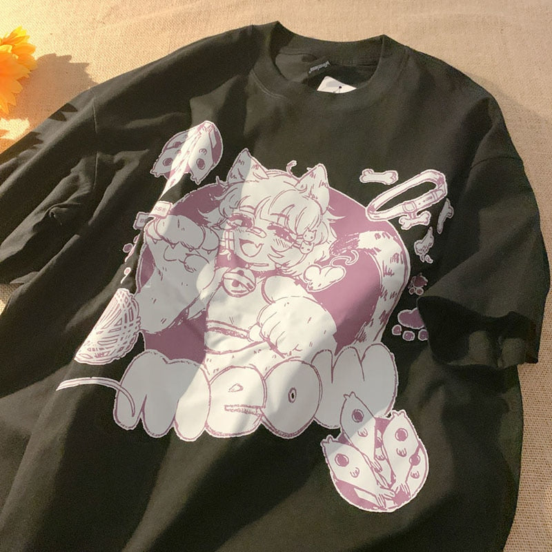 Anime Cat Girl "Meow" Oversized Tee