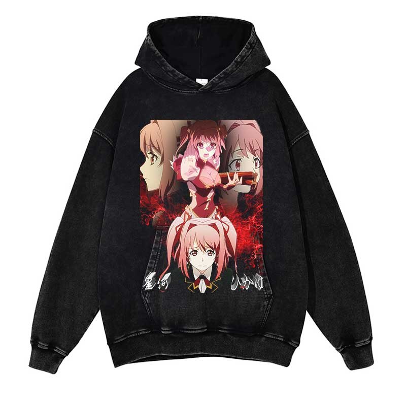 Anime Washed Black Streetwear Cotton Vintage Hoodies