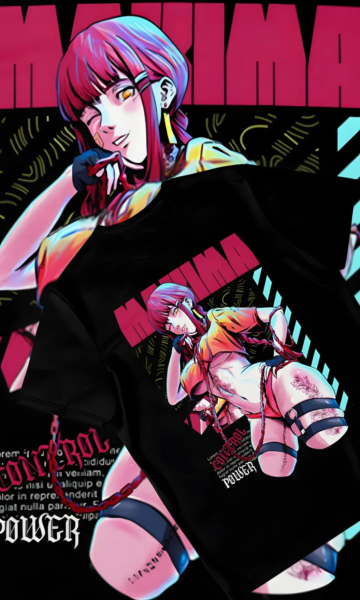 Here at Everythinganimee we have only the best anime merch! Free Global Shipping.
Unleash your inner devil hunter with this bold Makima T-shirt, inspired by the seductive and mysterious character from the hit anime Chainsaw Man.