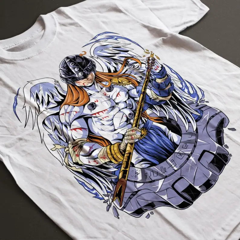 Here at Everythinganimee we have the best anime shirts in the world. 
Unleash the power of Angemon from Digimon with this epic tee that captures the angelic warrior’s striking appearance. 