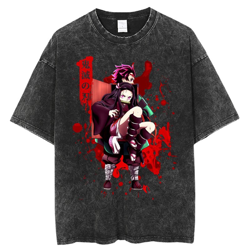 Demon Slayer T Shirt 100%Cotton Anime Kimetsu No Yaiba Washed Tshirt Men Women Vintage Black Tops Summer Manga Casual Tees, everythinganimee