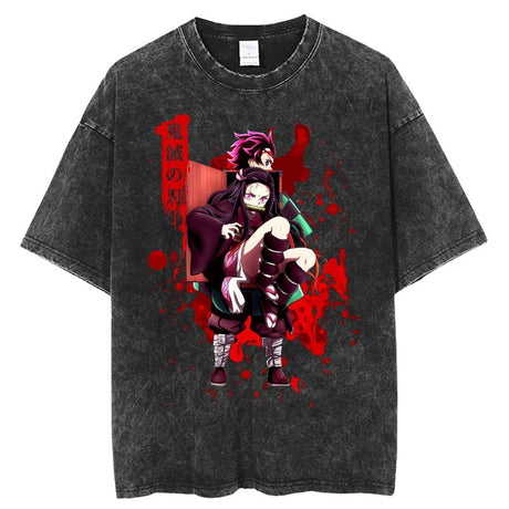 Demon Slayer T Shirt 100%Cotton Anime Kimetsu No Yaiba Washed Tshirt Men Women Vintage Black Tops Summer Manga Casual Tees, everythinganimee