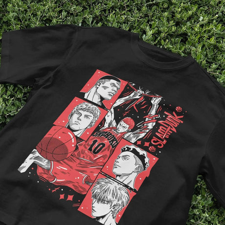 Here at Everythinganimee we have the best anime shirts in the world.
Step onto the court in style with this epic Slam Dunk tee, featuring the legendary Shohoku basketball team. With dynamic action shots of your favorite characters and vibrant red accents.