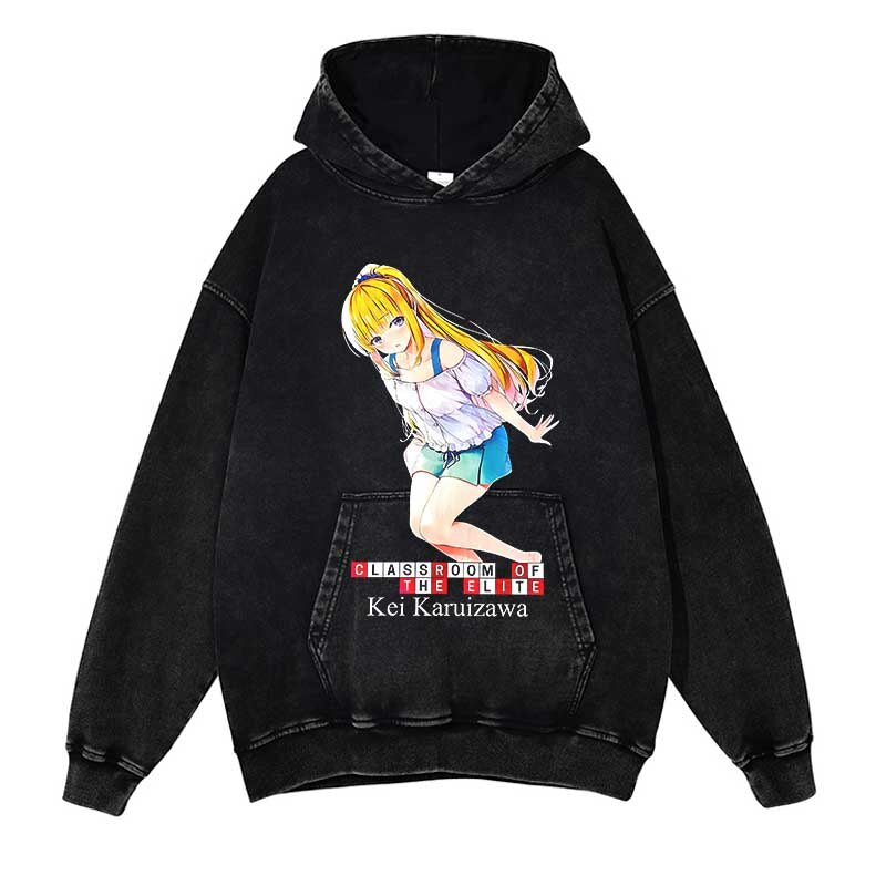 Classroom Of The Elite Washed Black Streetwear Cotton Vintage Hoodie