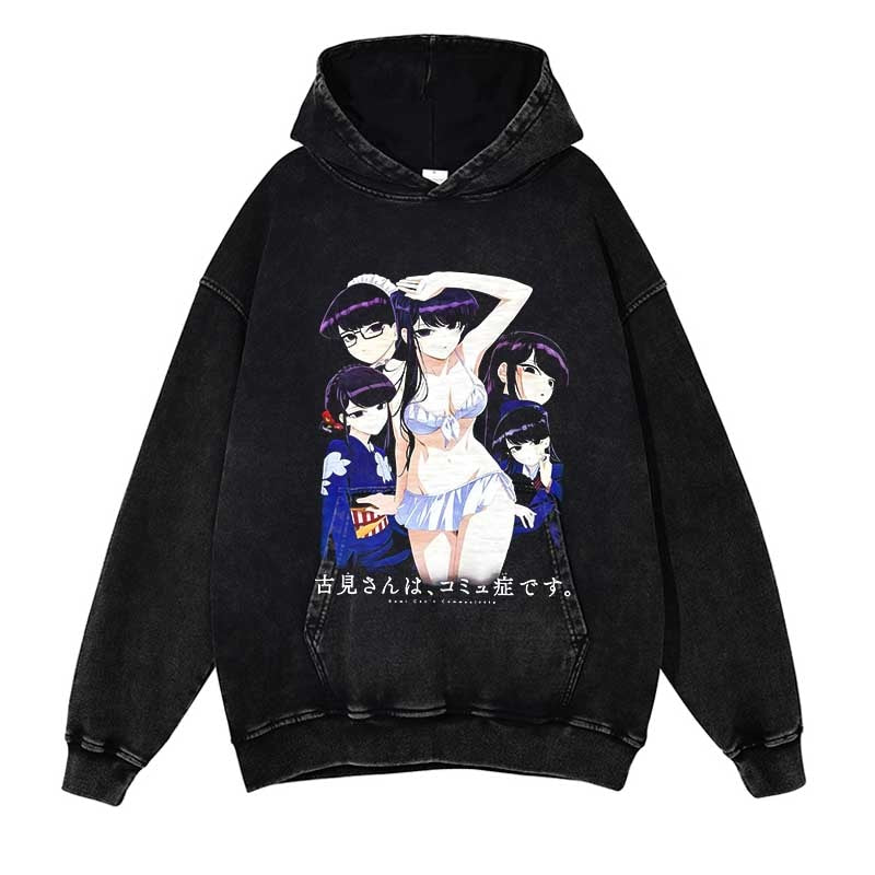 Komi Can't Communicate Washed Black Streetwear Cotton Vintage Hoodie