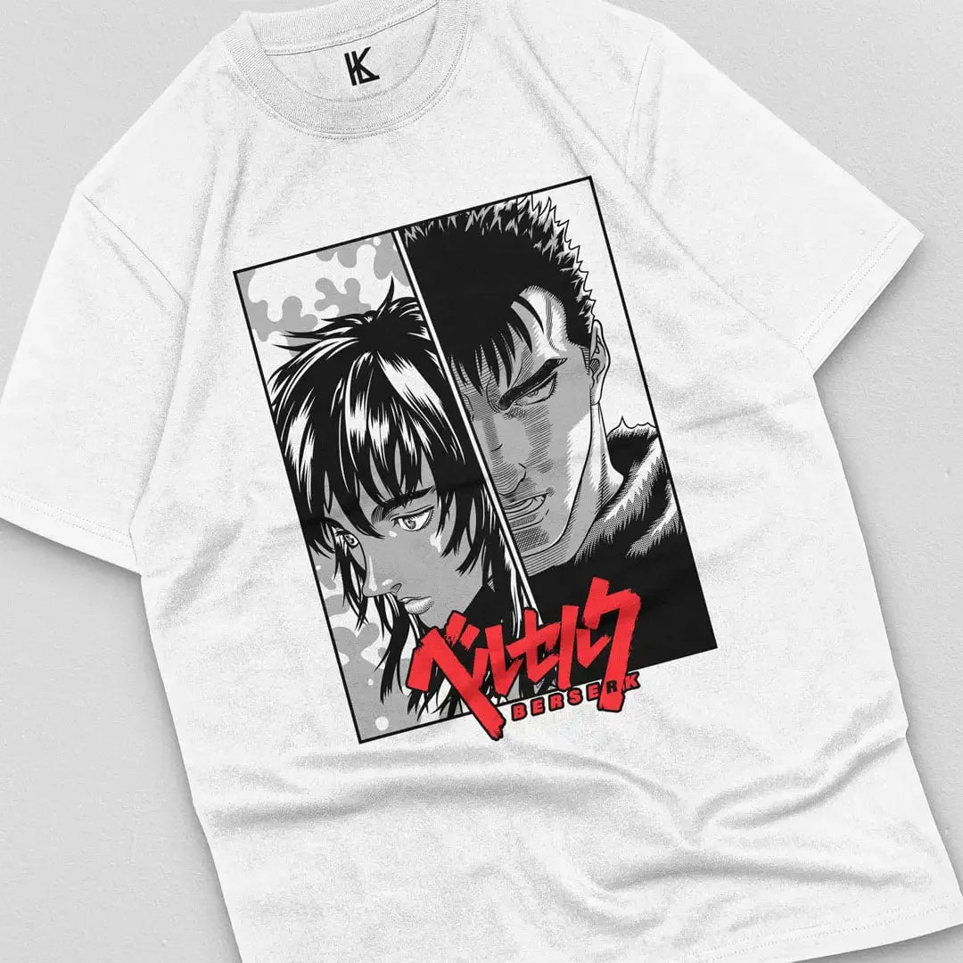 Here at Everythinganimee we have the best anime shirts in the world.
Dive into the dark and intense world of Berserk with this Guts & Casca tee. Featuring the iconic duo, this shirt captures the raw emotion and grit of the legendary manga series. 