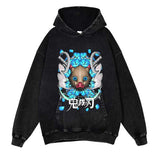 Demon Slayer Washed Black Streetwear Cotton Vintage Hoodie