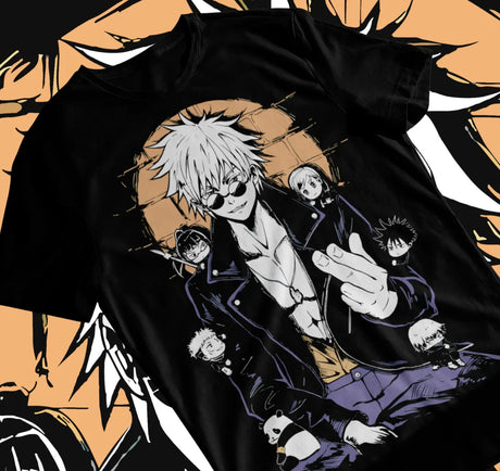 Here at Everythinganimee we have the best anime shirts in the world. Show your love for Jujutsu Kaisen with this epic Gojo Satoru tee, featuring the fan-favorite sorcerer and his crew in stunning detail.