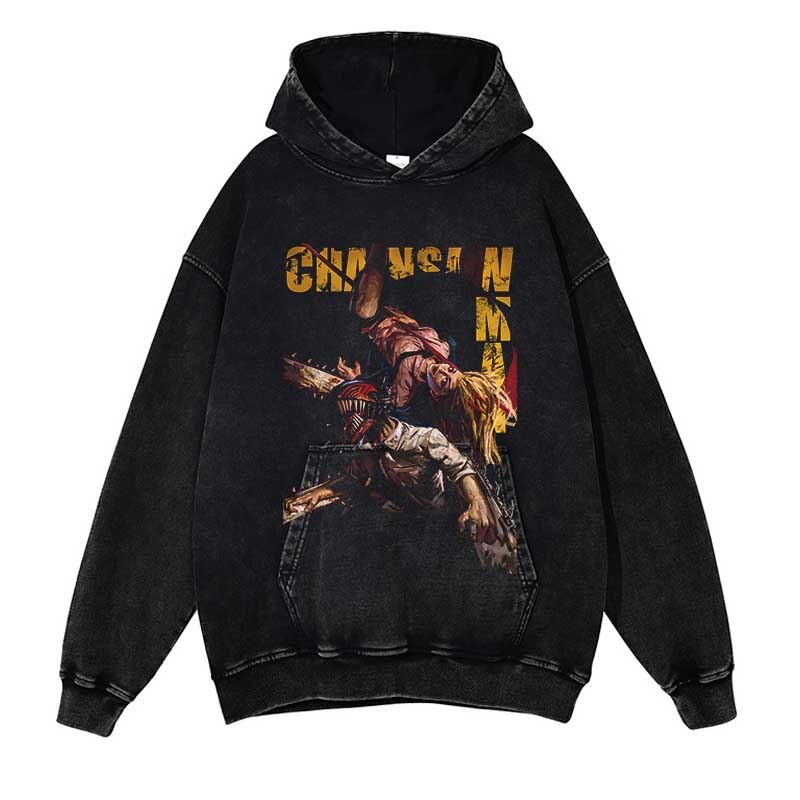 Chainsaw Man Washed Black Streetwear Cotton Vintage Hoodie