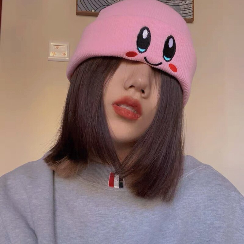 Kawaii Anime Kirby Hat Cute Face Eyes Cosplay Keep Warm Knitted Hat Unisex Adult Kids Cap Hip Hop Autumn Winter Gift, everythinganimee