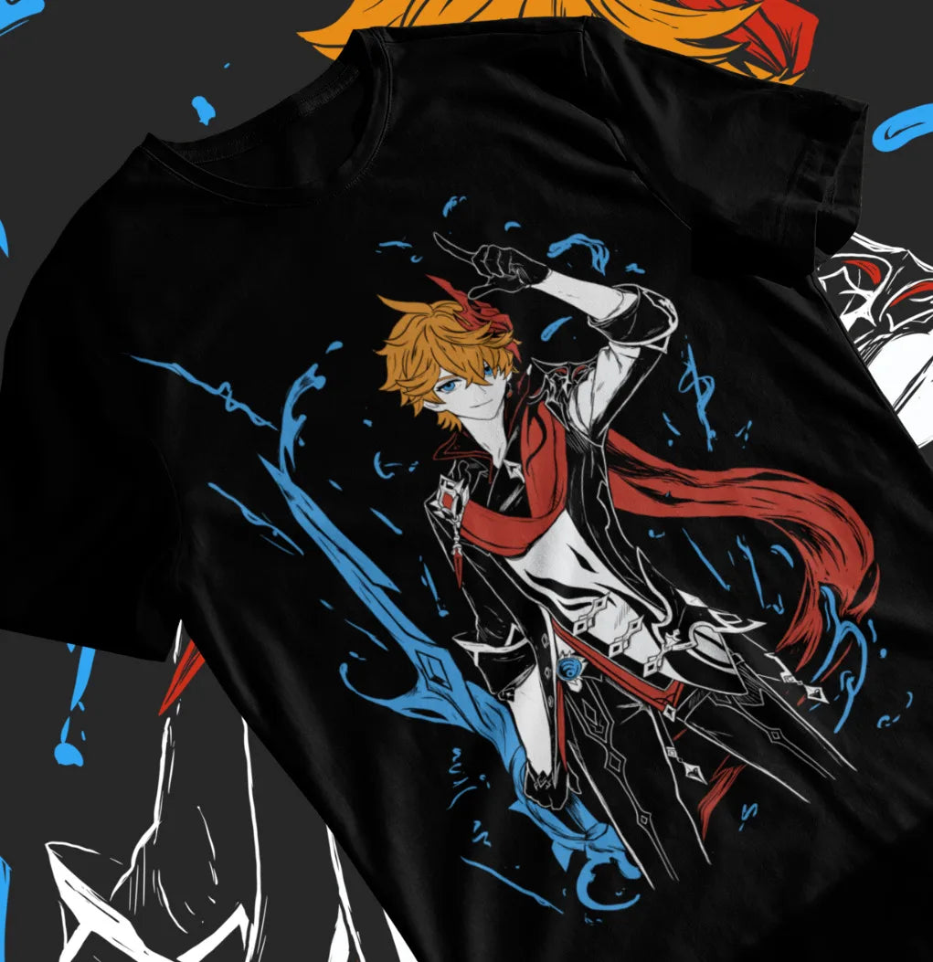 This tee showcase the master of both water and melee combat of Tartaglia. If you are looking for more Genshin Impact Merch, We have it all! | Check out all our Anime Merch now!