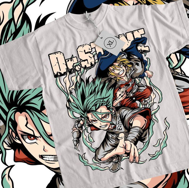 Here at Everythinganimee we have the best anime shirts in the world. 
Celebrate the thrilling world of Dr. Stone with this electrifying Senku and Taiju tee.