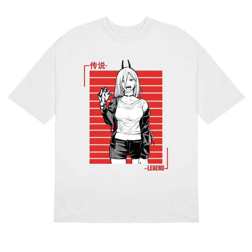 Here at Everythinganimee we have the best anime shirts in the world.
Unleash the power of the "Legend" with this bold Chainsaw Man tee featuring Power in a dynamic pose. The red and black striped background adds intensity to this sleek design, showcasing Power’s wild and confident persona.