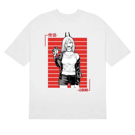 Here at Everythinganimee we have the best anime shirts in the world.
Unleash the power of the "Legend" with this bold Chainsaw Man tee featuring Power in a dynamic pose. The red and black striped background adds intensity to this sleek design, showcasing Power’s wild and confident persona.