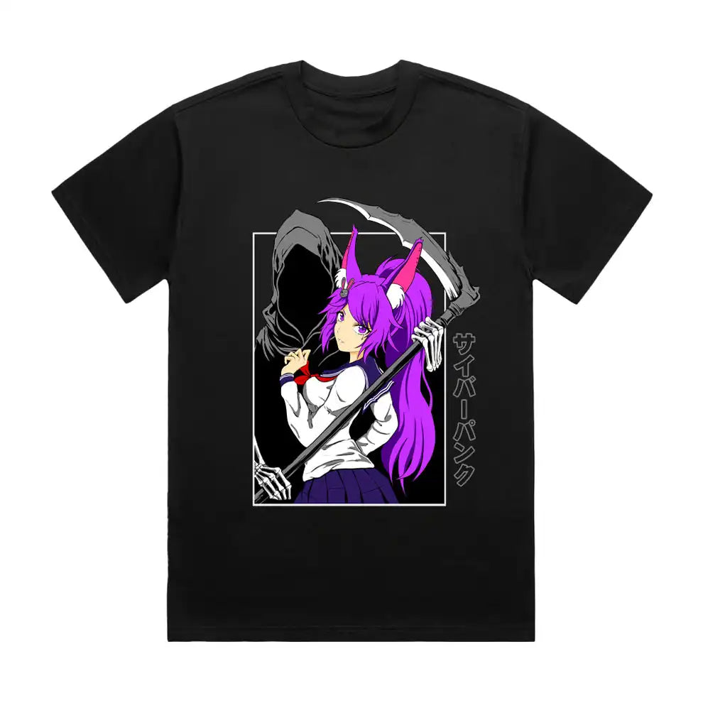 Here at Everythinganimee we have the best anime shirts in the world.
Step into the world of Buni Reaper with this edgy and bold design. The vivid purple and black tones bring the character to life, while the mysterious reaper figure adds an aura of danger.