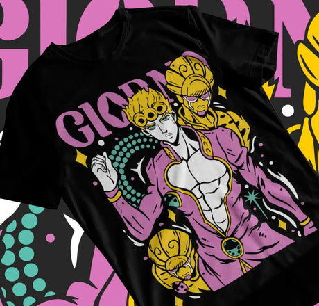 Here at Everythinganimee we have only the best anime merch! Free Global Shipping.
Step into the world of JoJo's Bizarre Adventure with this stunning Giorno Giovanna T-shirt. 