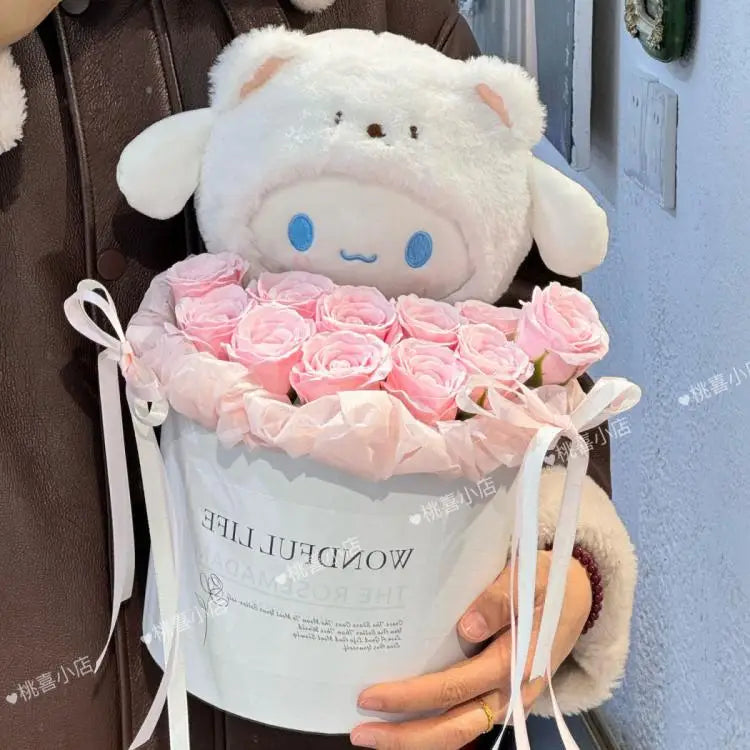 Cherish the kawaii Hello Kitty Cinnamoroll Plush Rose Bouquet, perfect for gifting. Soft, premium quality for special occasions and Hello Kitty fans