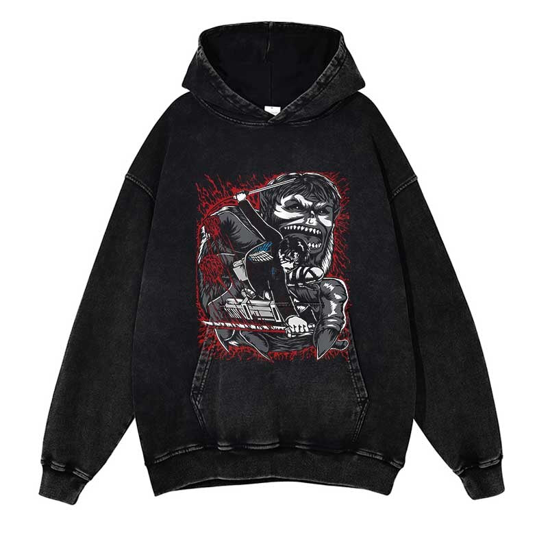 Attack on Titan Washed Black Streetwear Cotton Vintage Hoodie