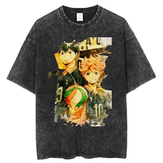 Anime Haikyuu Acid Washed Cotton T-shirts Vintage Black Men's Clothing Hip Hop Streetwear Harajuku Shirts Unisex Tops Tees, everythinganimee