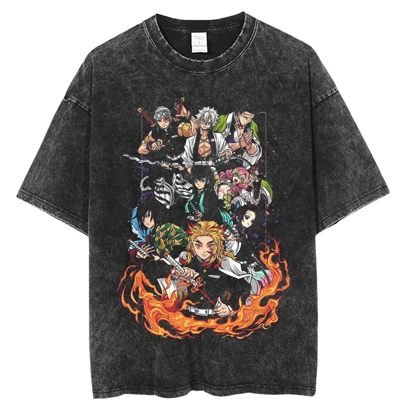 Demon Slayer T Shirt 100%Cotton Anime Kimetsu No Yaiba Washed Tshirt Men Women Vintage Black Tops Summer Manga Casual Tees, everythinganimee