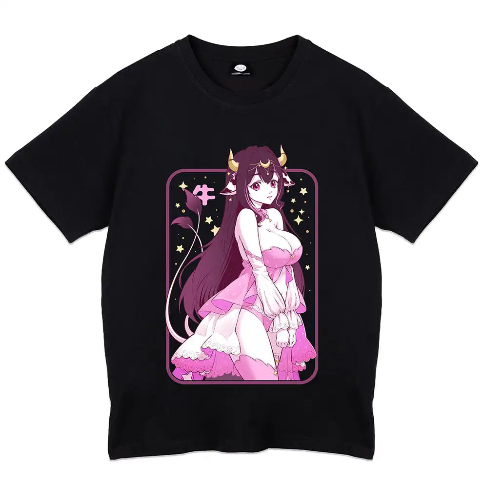 Here at Everythinganimee we have the best anime shirts in the world.
Step into the enchanting world of Moomi_Star with the Cosmic Cow Tee, featuring a stunning and celestial design of the lovable cow-inspired character. With soft shades of pink and captivating starry details.