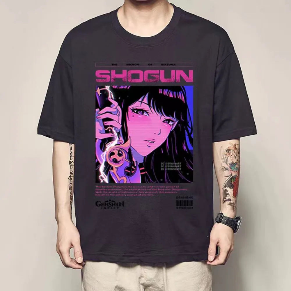  This tee, featuring the formidable Raiden Shogun from the popular game Genshin Impact. If you are looking for more Genshin Impact Merch, We have it all! | Check out all our Anime Merch now! 