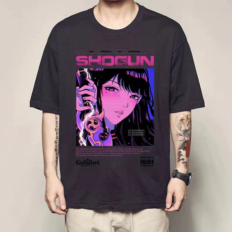  This tee, featuring the formidable Raiden Shogun from the popular game Genshin Impact. If you are looking for more Genshin Impact Merch, We have it all! | Check out all our Anime Merch now! 