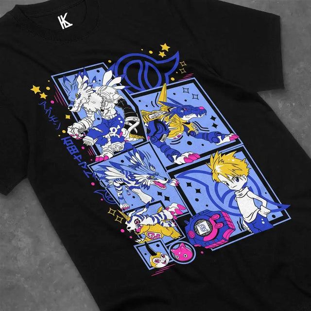 Here at Everythinganimee we have the best anime shirts in the world.
Celebrate the nostalgia of Digimon Adventure with this epic tee featuring iconic Digimon and their Tamer in a bold, vibrant design. Perfect for fans of the classic anime.