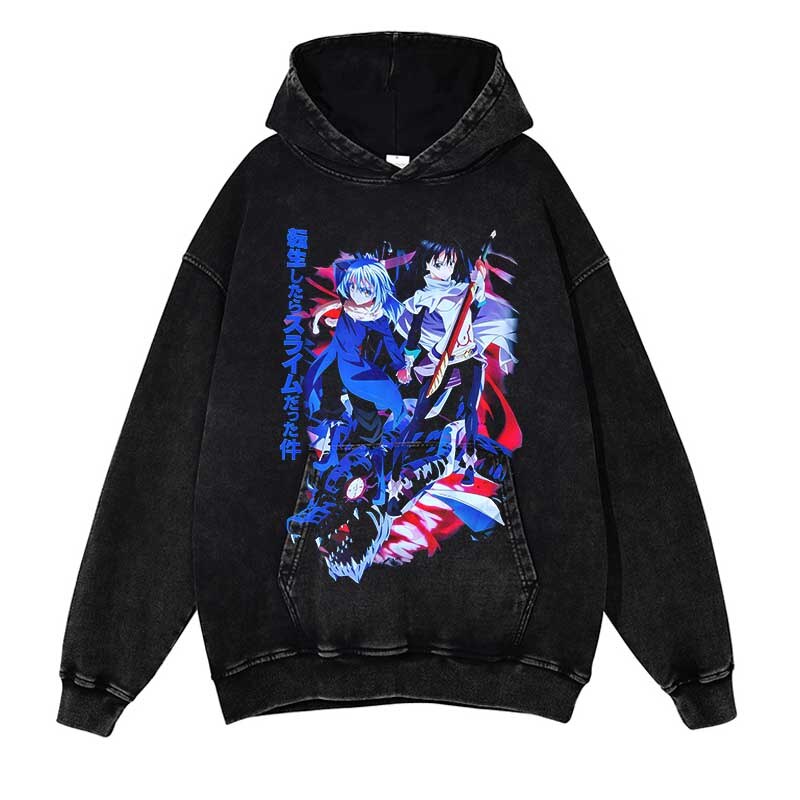 Anime Washed Black Streetwear Cotton Vintage Hoodies