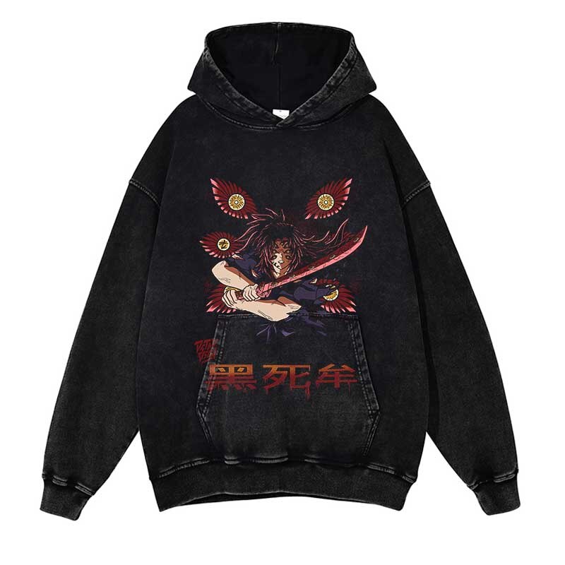 Demon Slayer Washed Black Streetwear Cotton Vintage Hoodie